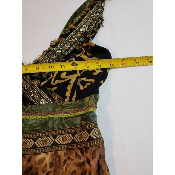 Faith tribal print midi dress boho fringe trim beaded embroidered smocked Size M - Picture 12 of 16